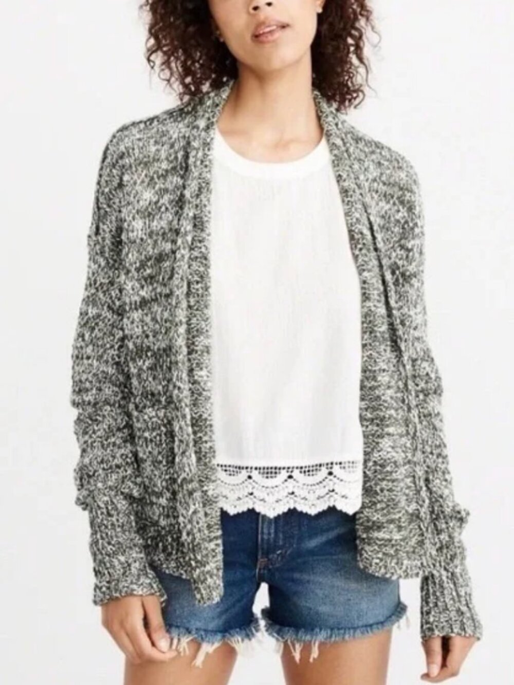 NWT Abercrombie Cardigan Sweater Green White Women XS Knit Soft Open Marled